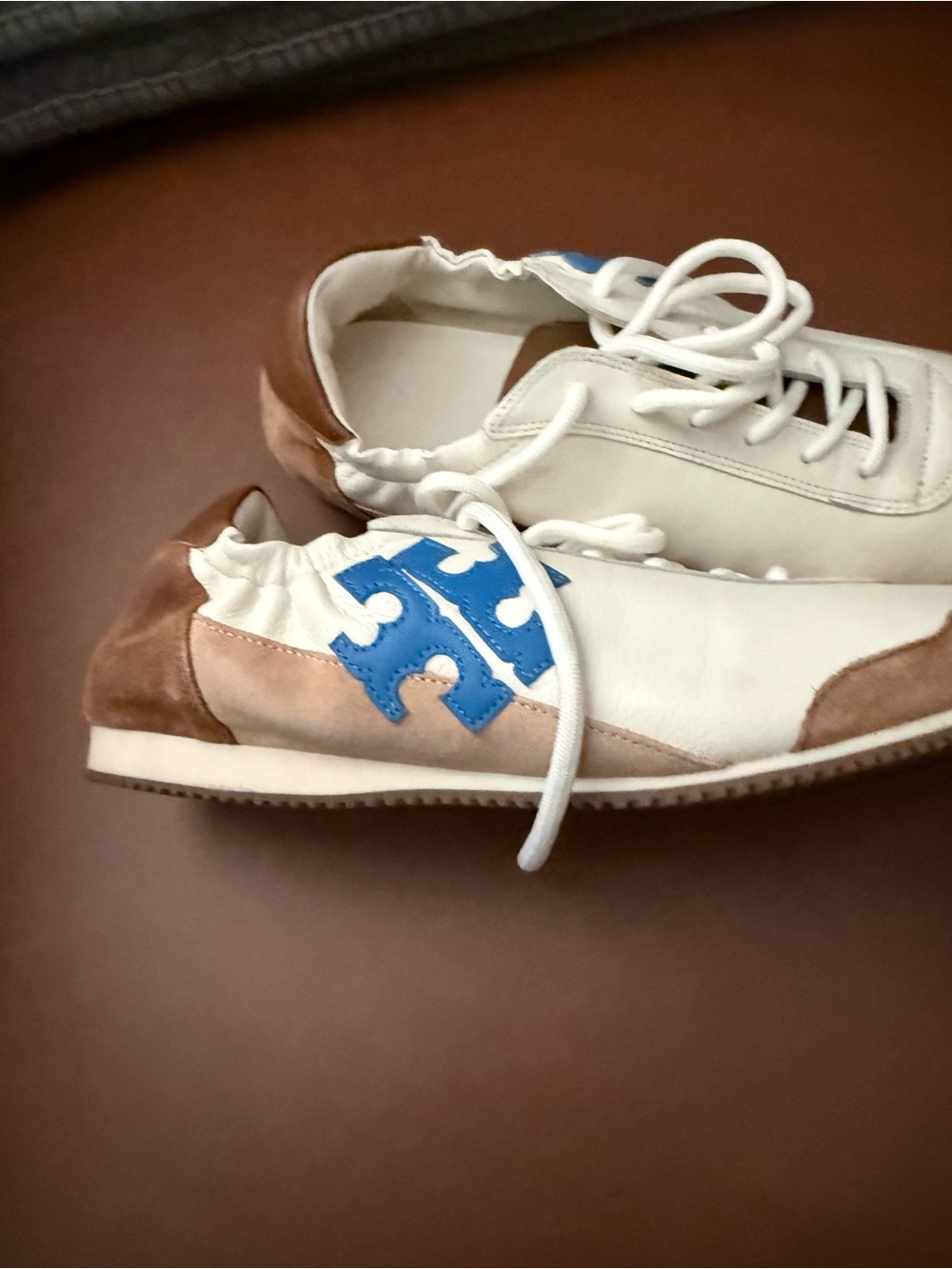 kate spade White Sneakers with Brown Suede and Blue Logo